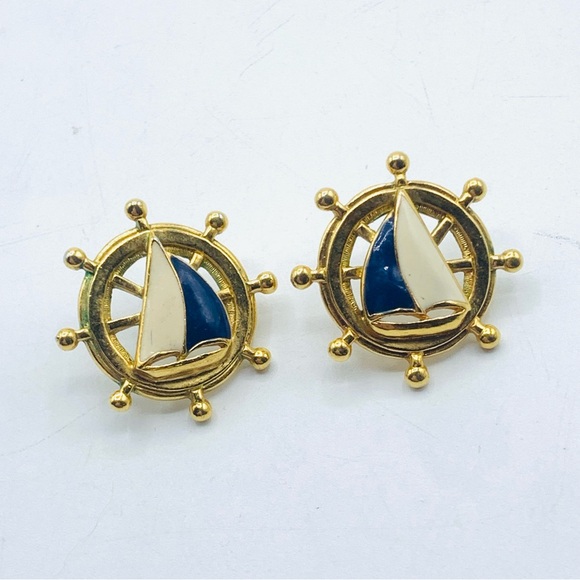 Avon Nautical Earrings Enamel Sailboat Ships Wheel Pierced Gold Tone Vin… - Picture 1 of 7
